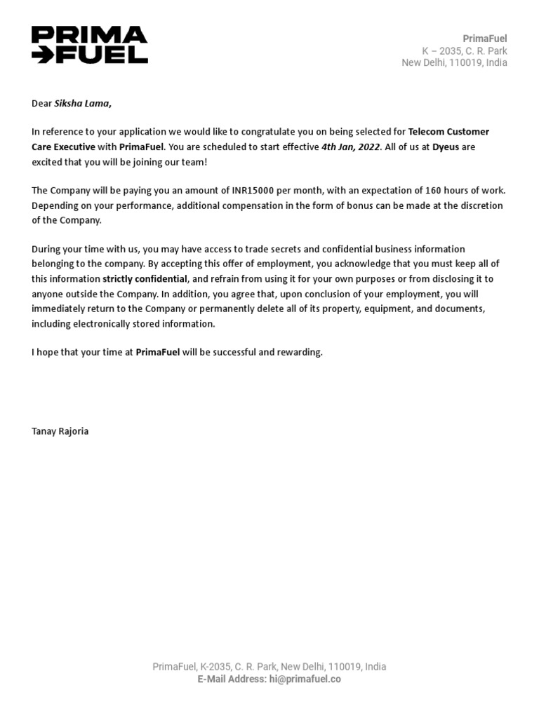 Primafuel Job Offer Letter - Telecom | PDF