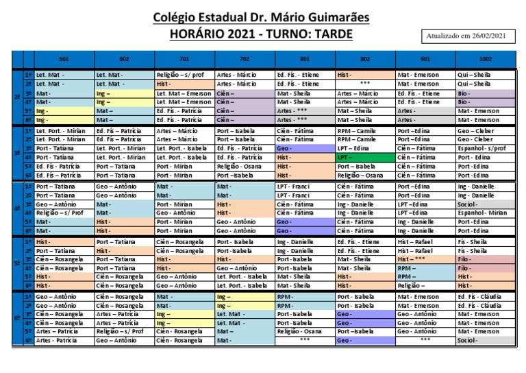 Horário escolar do Colégio Estadual Dr. Mário Guimarães para o turno da ...