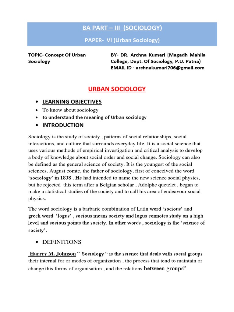 Concept of Urban Sociology | PDF | Sociology | Science
