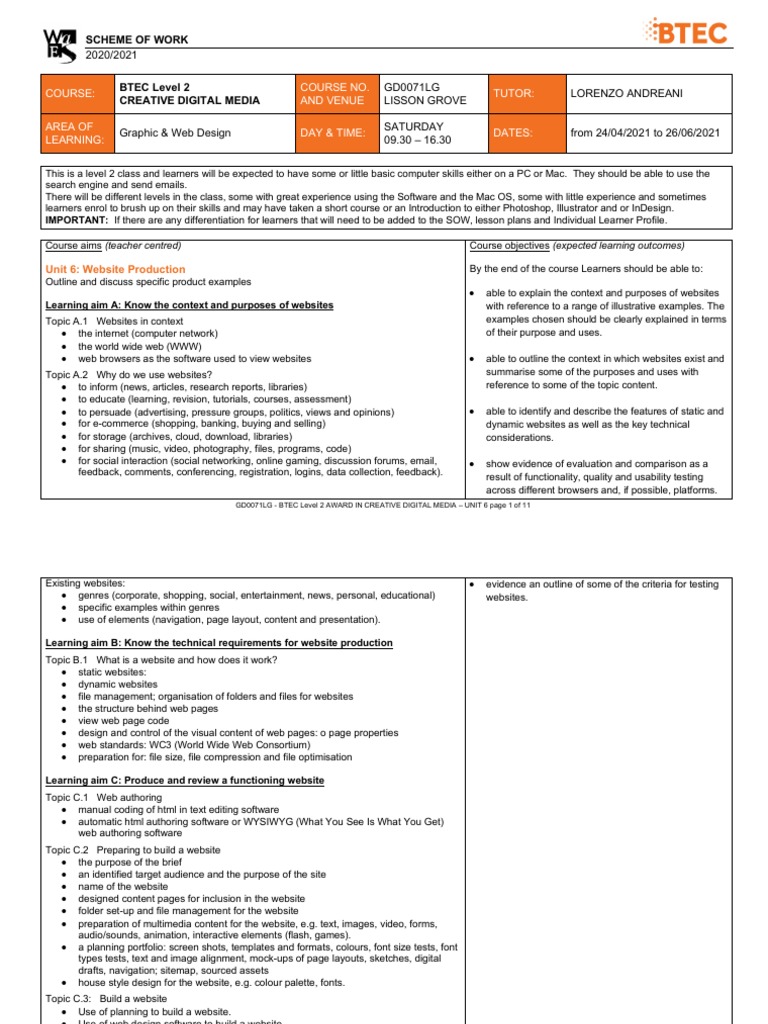 BTEC Level 2 Creative Digital Media Course | PDF | Websites | World ...