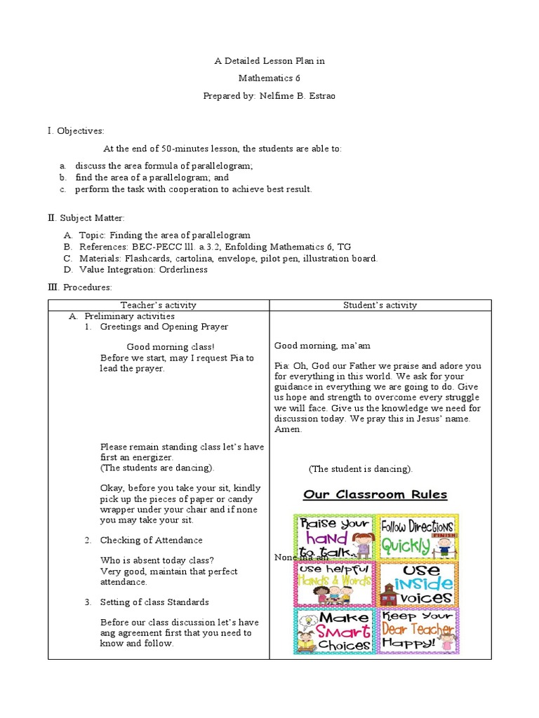 Grade 6 Detailed Math Lesson Plan | PDF | Prayer | Education Theory