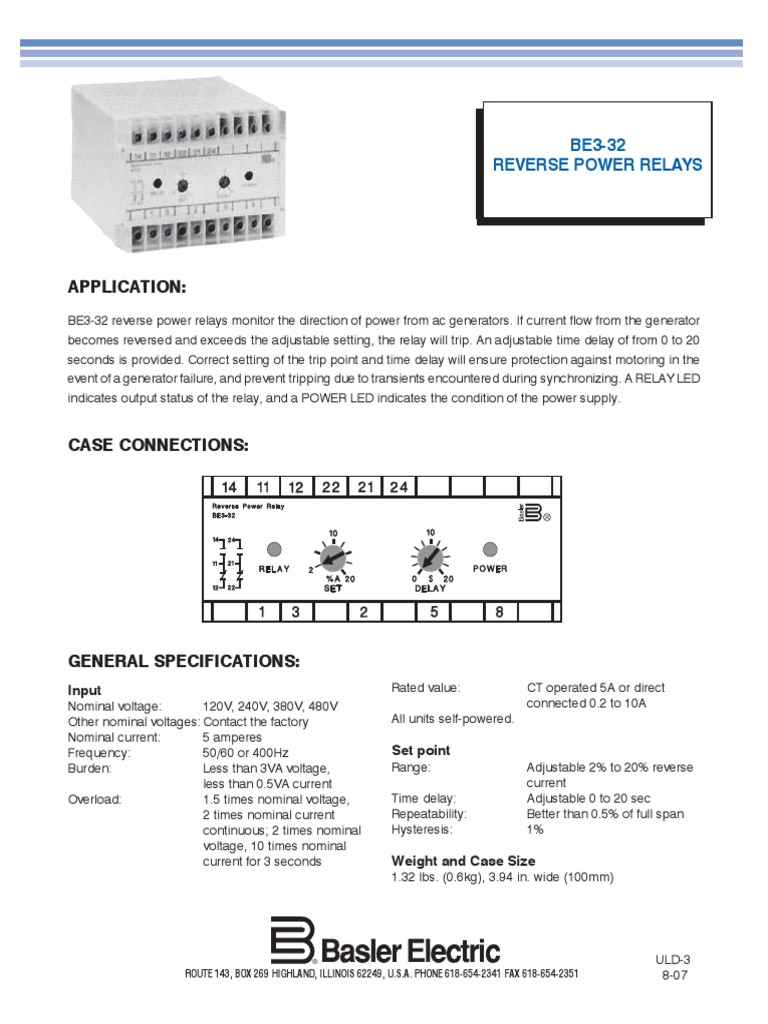 Application:: BE3-32 Reverse Power Relays | PDF | Relay | Power Supply