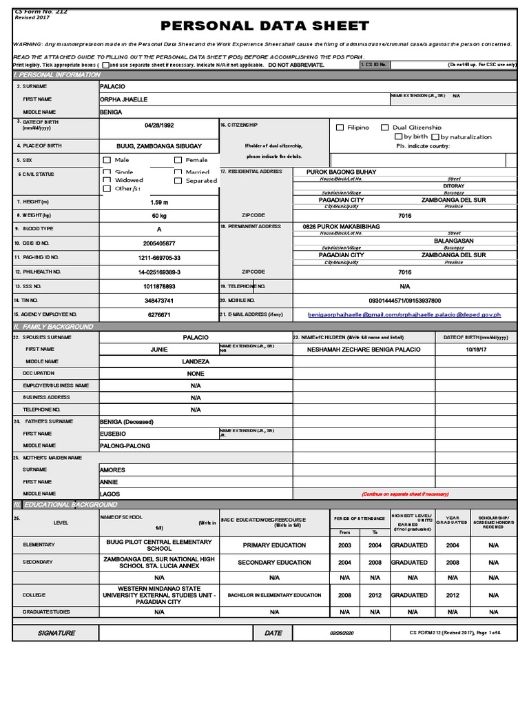 2017 Revised PDS CS Form No. 212 Blank | PDF | Government