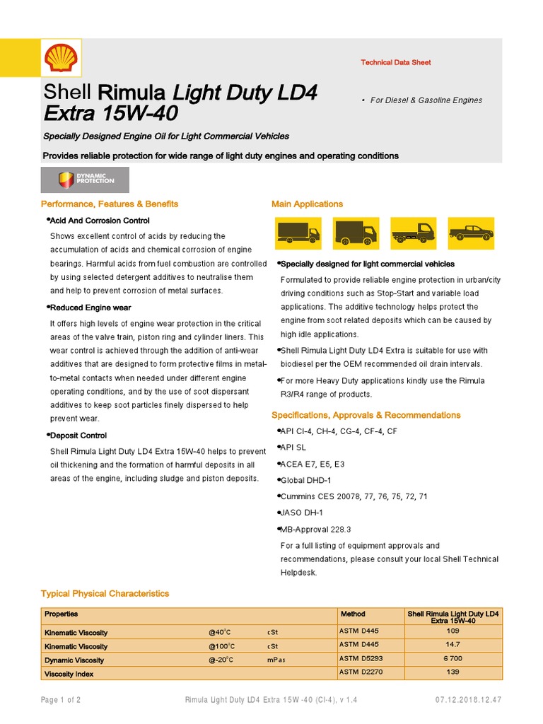 Shell Rimula Light Duty LD4 Extra 15W-40 | PDF | Internal Combustion ...