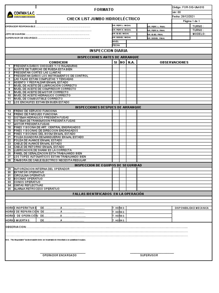 Checklist de Inspección Jumbo Hidroeléctrico | PDF | Industria ...