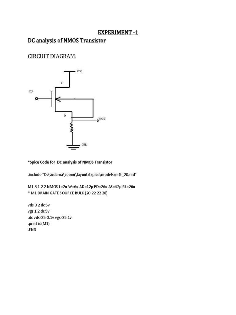 Experiment - 1 DC Analysis of NMOS Transistor Circuit Diagram | PDF