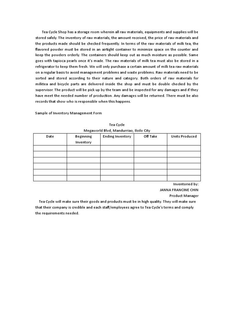 Tea Cycle Shop Inventory Management Guide | PDF | Business | Wellness