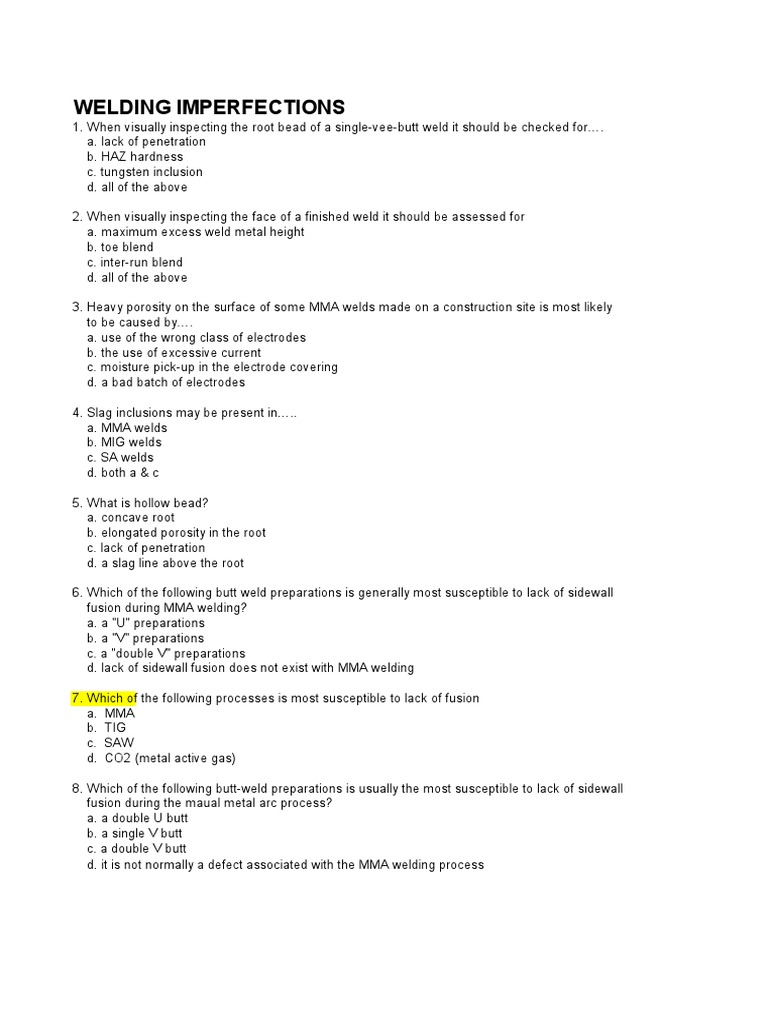 Multiple Choice 1 Welding Imperfections (12 Files Merged) PDF