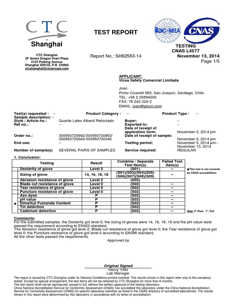 Shanghai Glove Test Report SH62563-14 | PDF | Glove | Laboratories