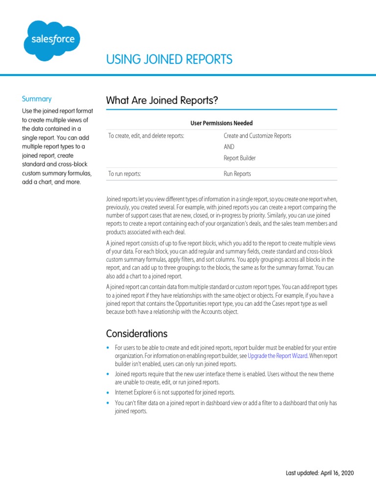 Salesforce Report Joined Format Cheatsheet | PDF | Chart | Formula