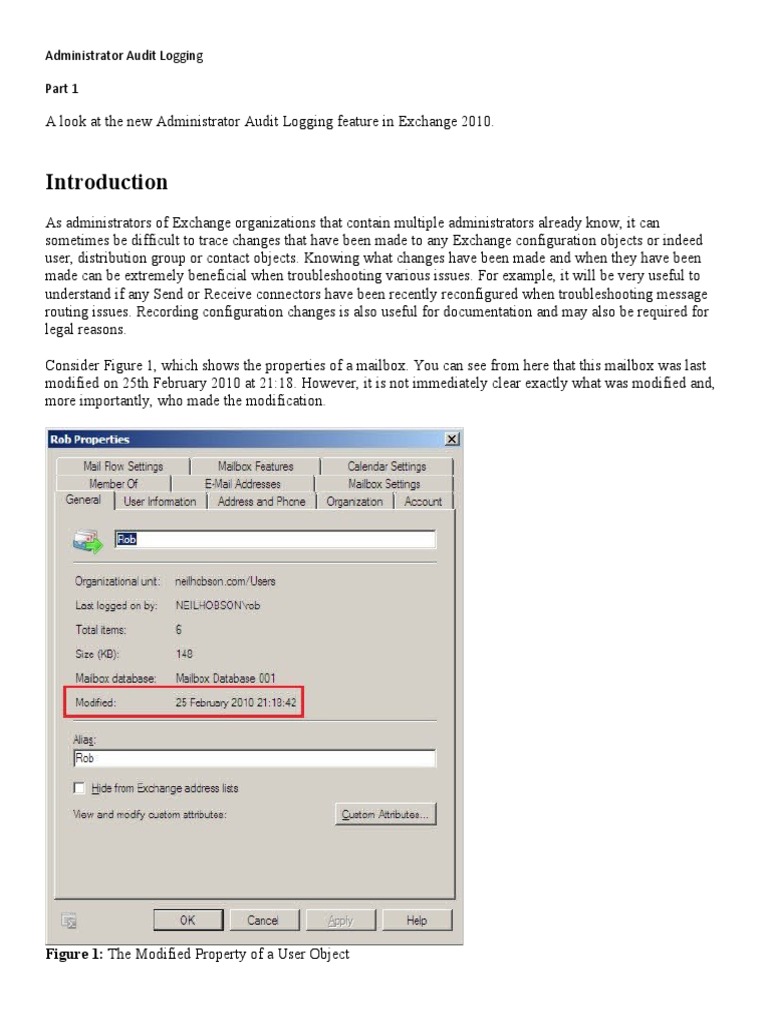 Exchange 2010 Administrator Audit Logging | PDF | Email | Parameter ...