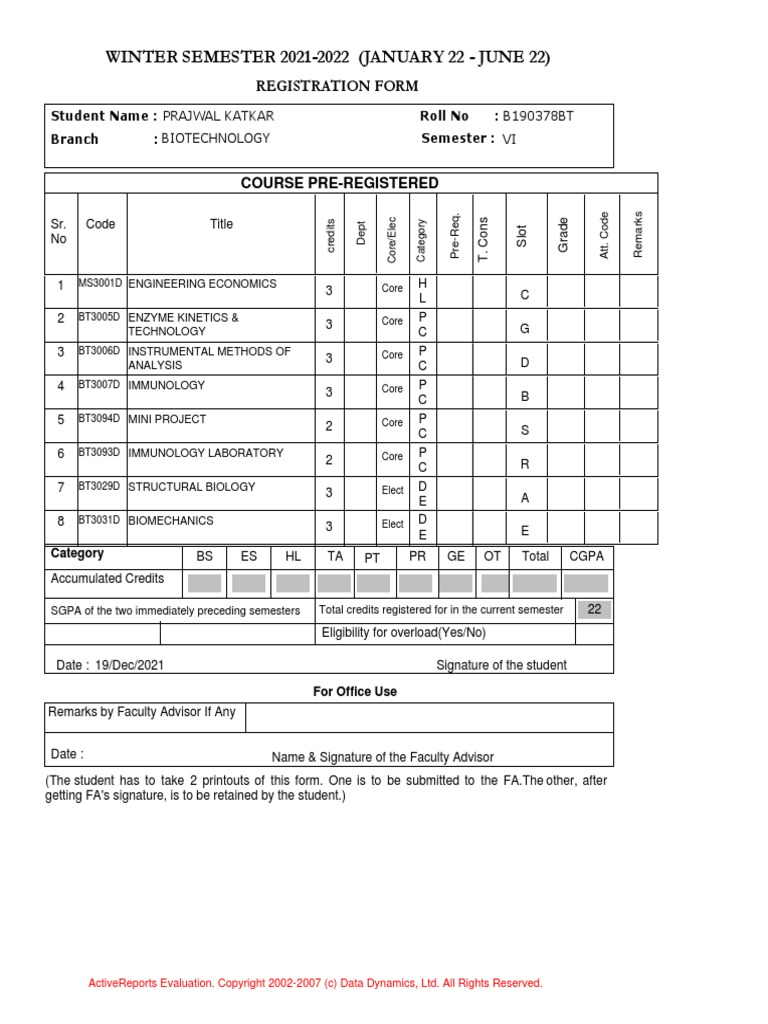 Winter Semester 20212022 (January 22 June 22) Registration Form