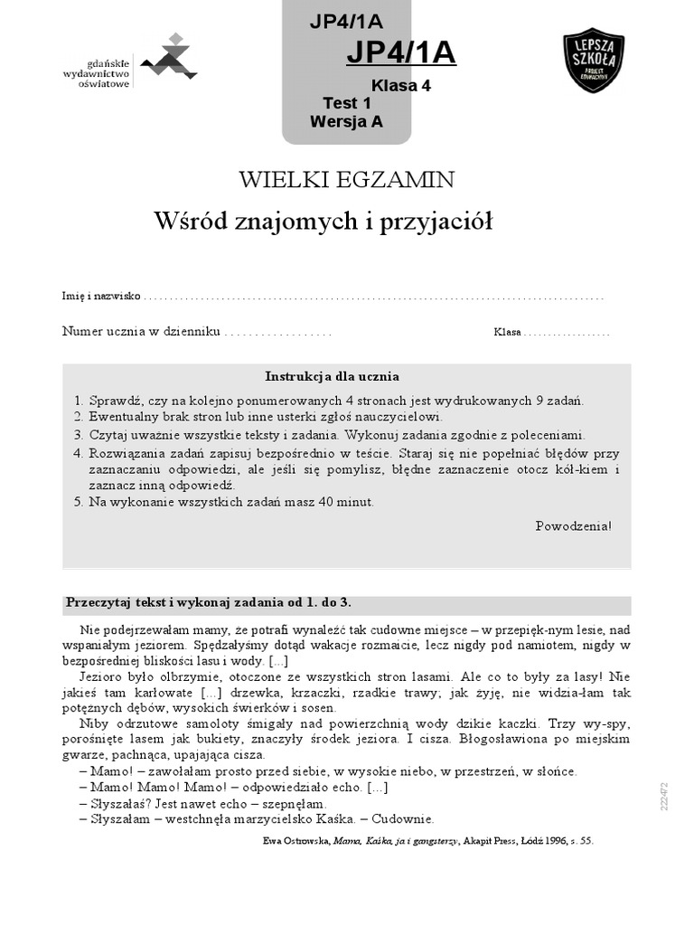 Test Gwo Klasa 4 Język Polski