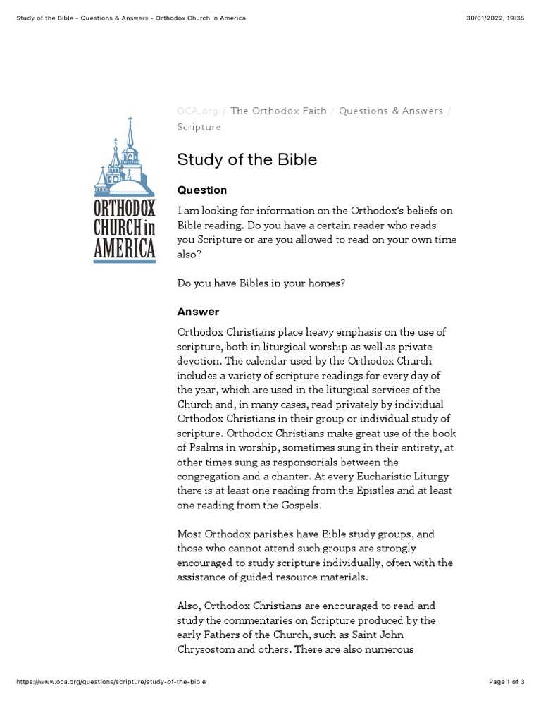 Study of The Bible Questions & Answers Orthodox Church in America