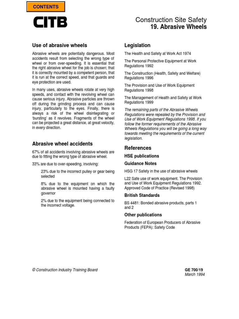 Construction Site Safety Use of Abrasive Wheels Legislation PDF Occupational Safety And