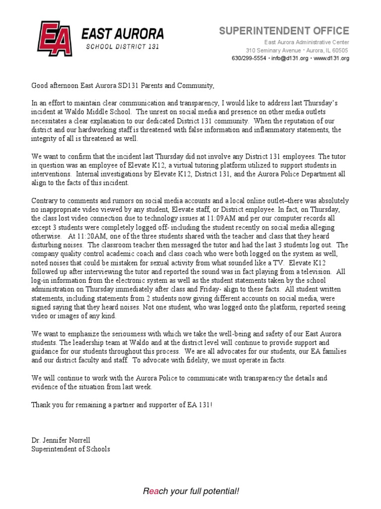 East Aurora School District 131 Statement On Waldo Incident PDF