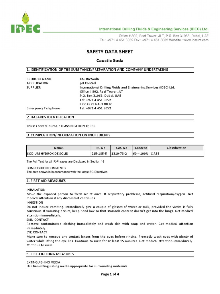 Safety Data Sheet Caustic Soda Download Free PDF Personal
