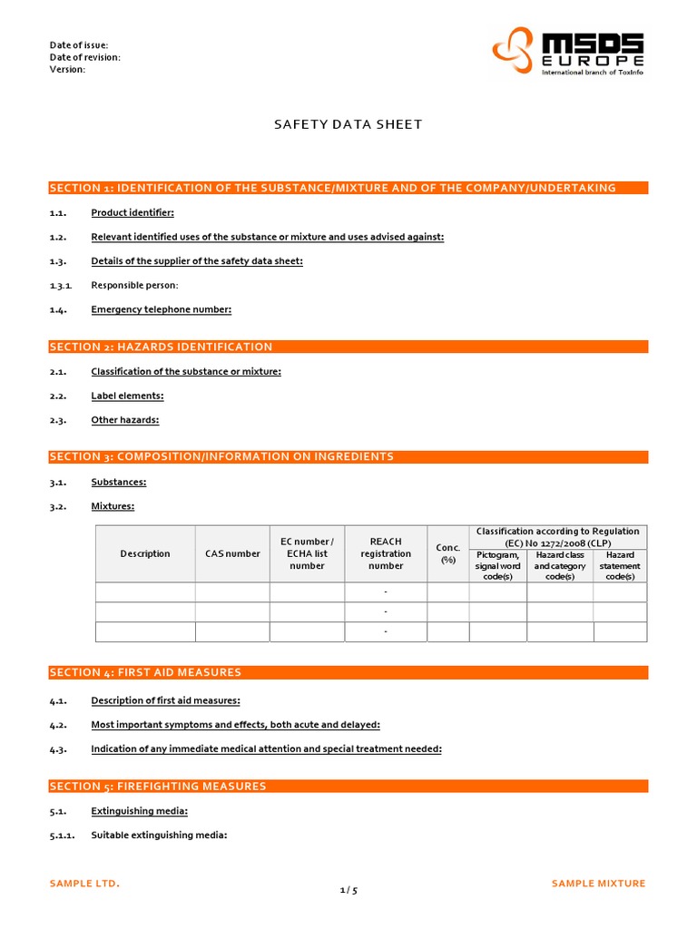 Safety Data Sheet for Sample Mixture | PDF | Dangerous Goods | Chemistry