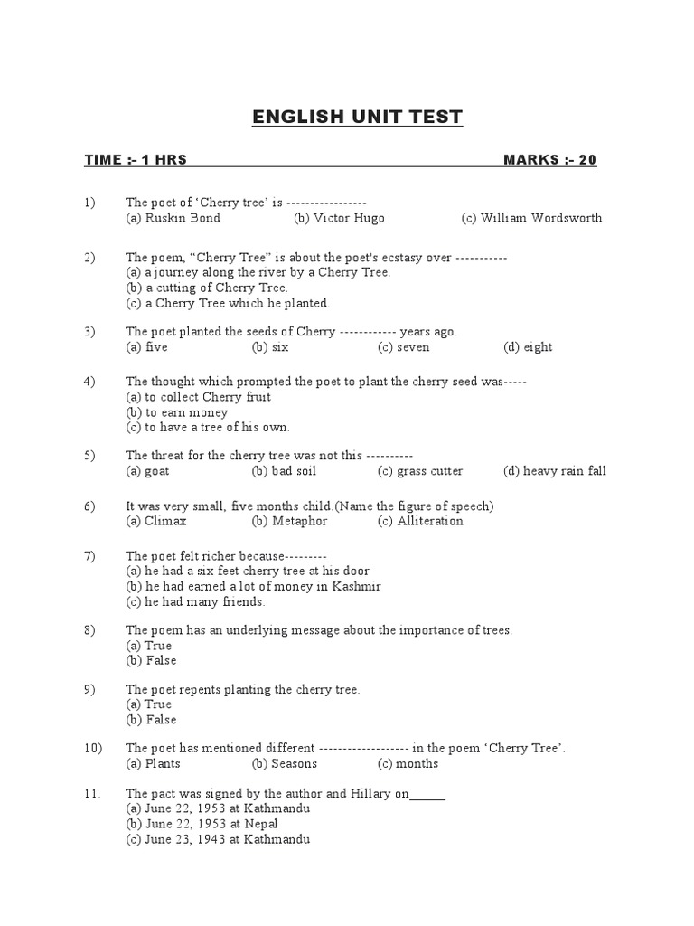 English Unit Test Time1 Hrs MARKS 20 PDF Mountains