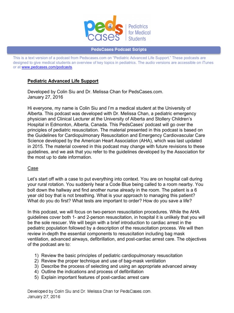 Pediatric Advanced Life Support Pedscases Podcast Scripts PDF