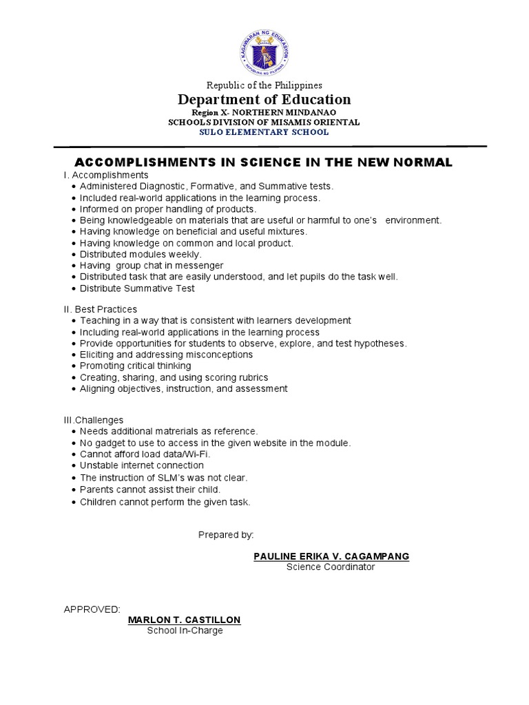 SCIENCE-Accomplishment Report-SULO ES | PDF | Self-Improvement | Wellness