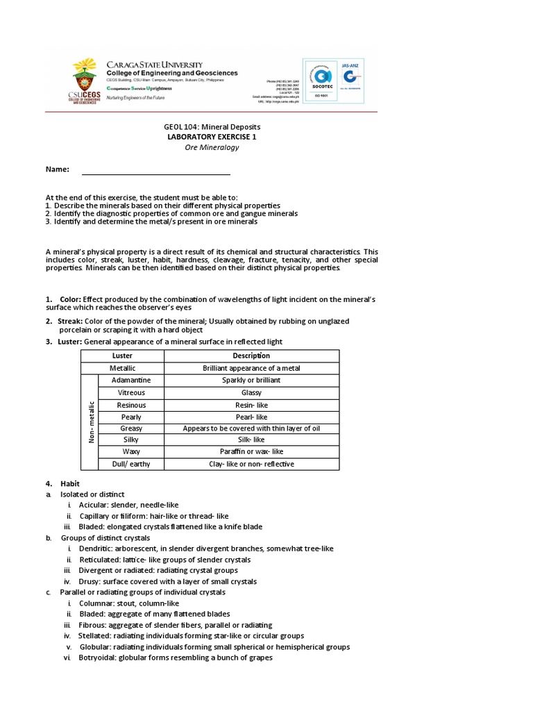 Exercise 1 Ore Mineralogy | PDF | Minerals | Natural Materials