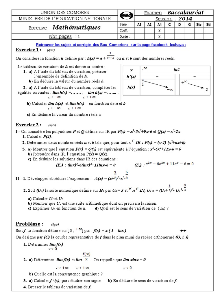 Sujet Type Bac Maths Terminale S Avec Corrigé Stock LesPdf Examens BAC Comores Sujet 2014 Comores Sujet A4 Mathematique  Bac 2014 | PDF | Courbe | Nombre réel