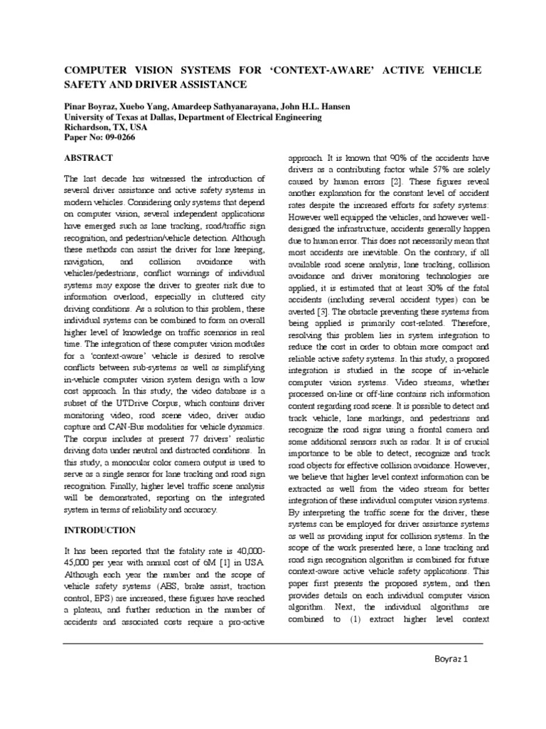 Context-Aware Vehicle Safety Systems | PDF | Computer Vision | Traffic ...