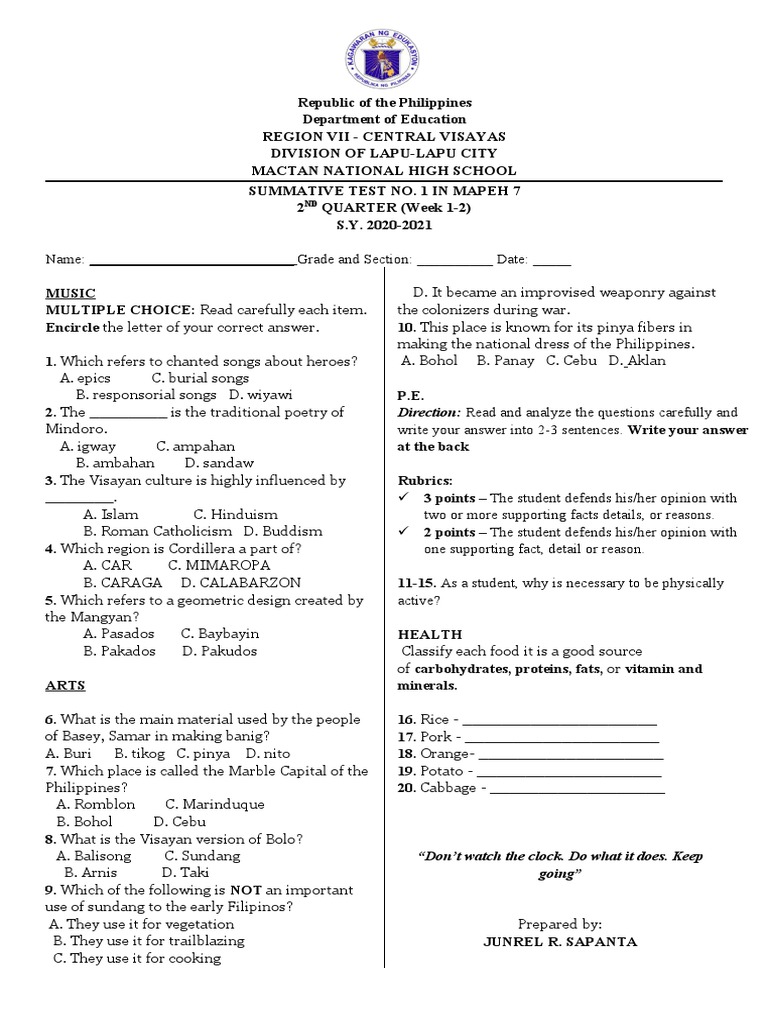 Summative Test 1 Q2 Week 1-2 | PDF | Philippines