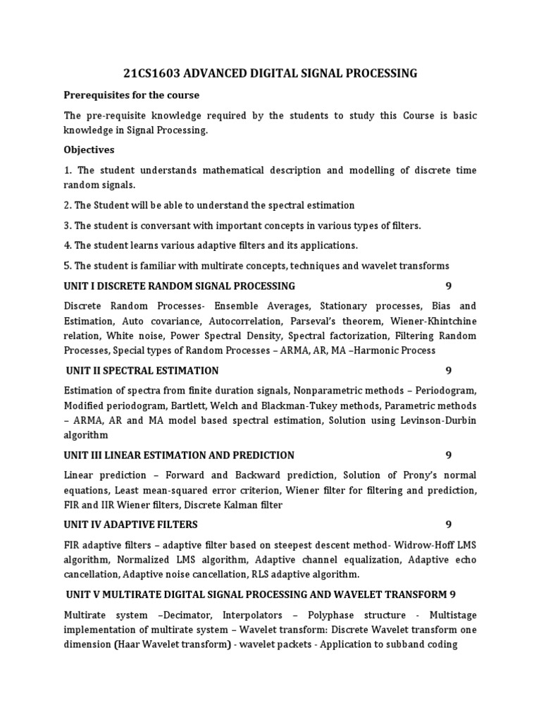 Syllabus21CS1603Advanced Digital Signal Processing PDF Spectral