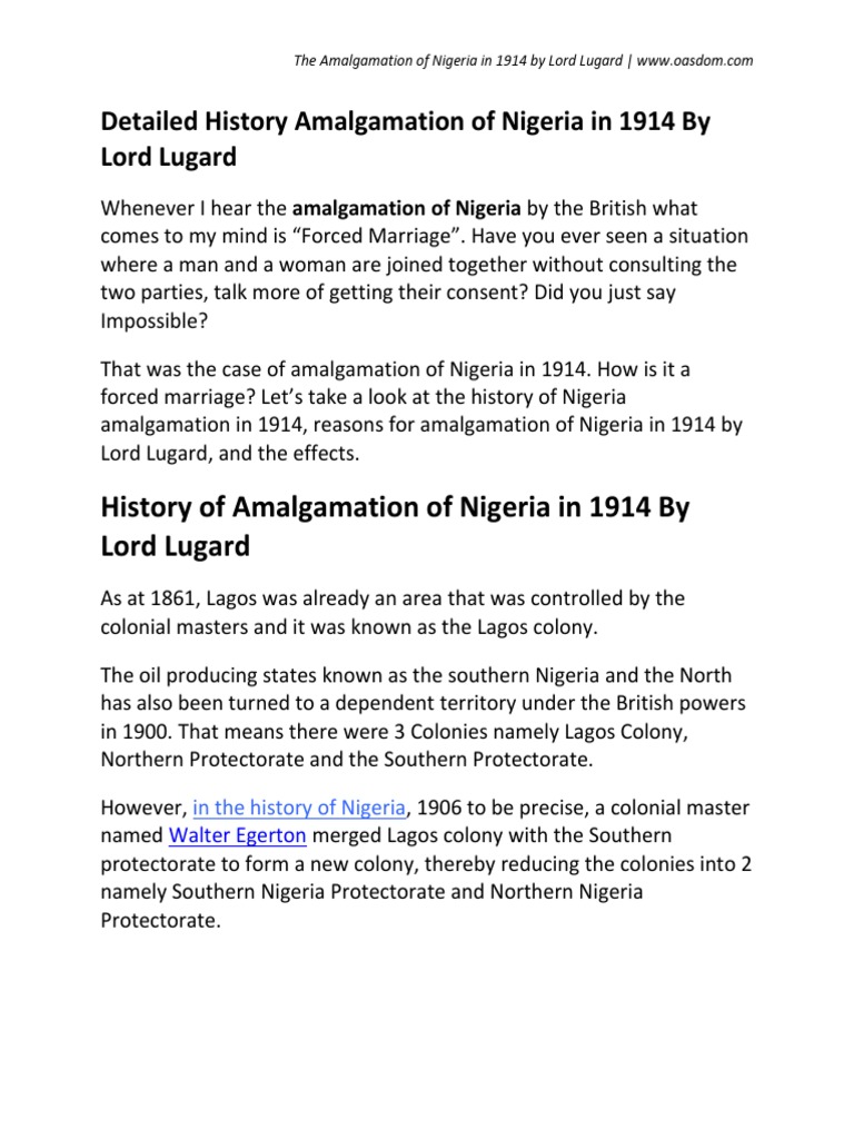 History of Nigerian Amalgamation in 1914 PDF