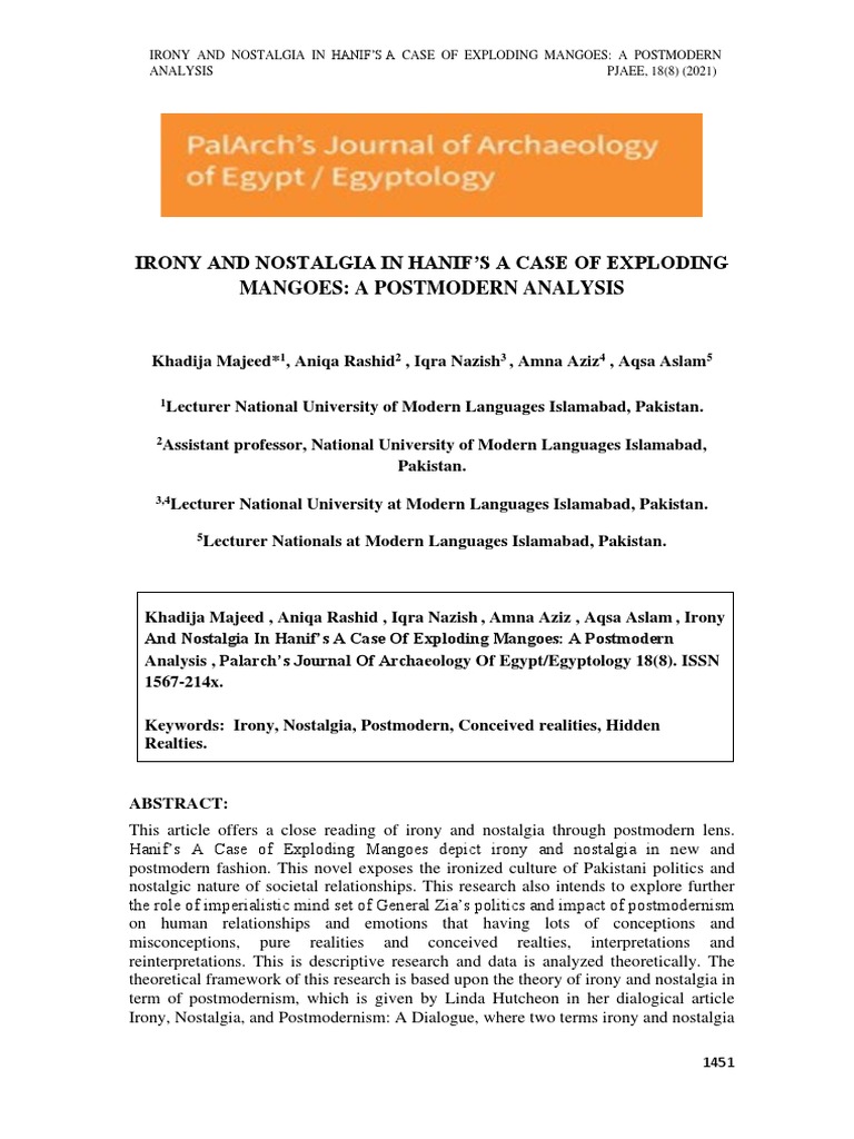 Irony and Nostalgia in Hanif'S A Case of Exploding Mangoes A Postmodern Analysis PDF Irony