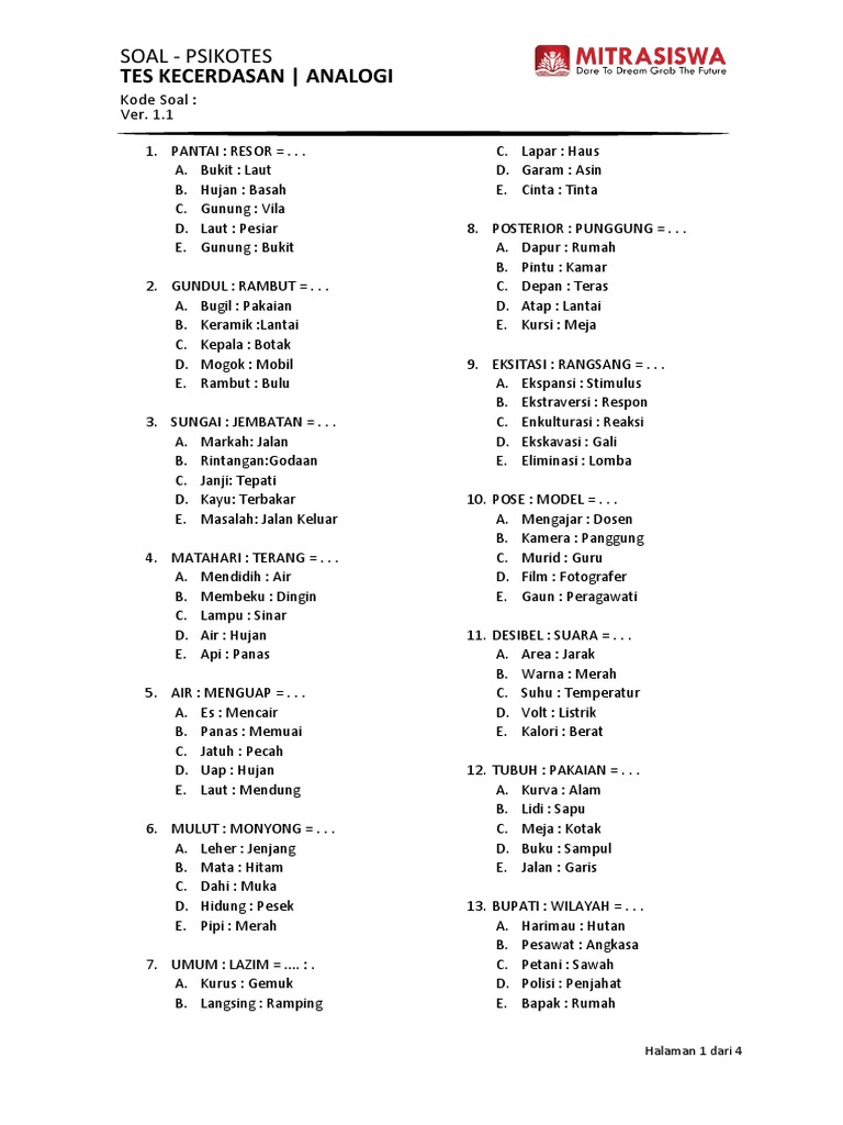 Tes Kecerdasan Analogi Soal Pdf