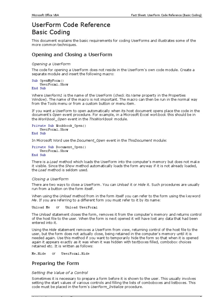 Userform Code Reference Basic Coding: Opening and Closing A Userform | PDF