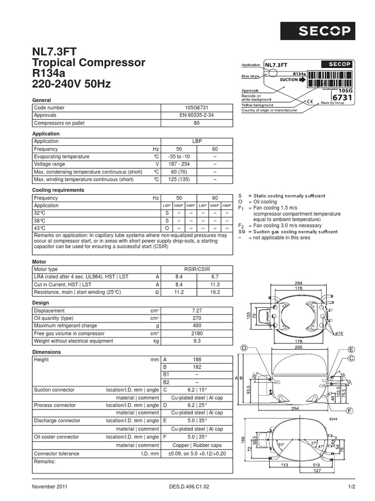 NL7.3FT Tropical Compressor R134a 220-240V 50Hz: General | PDF | Energy ...