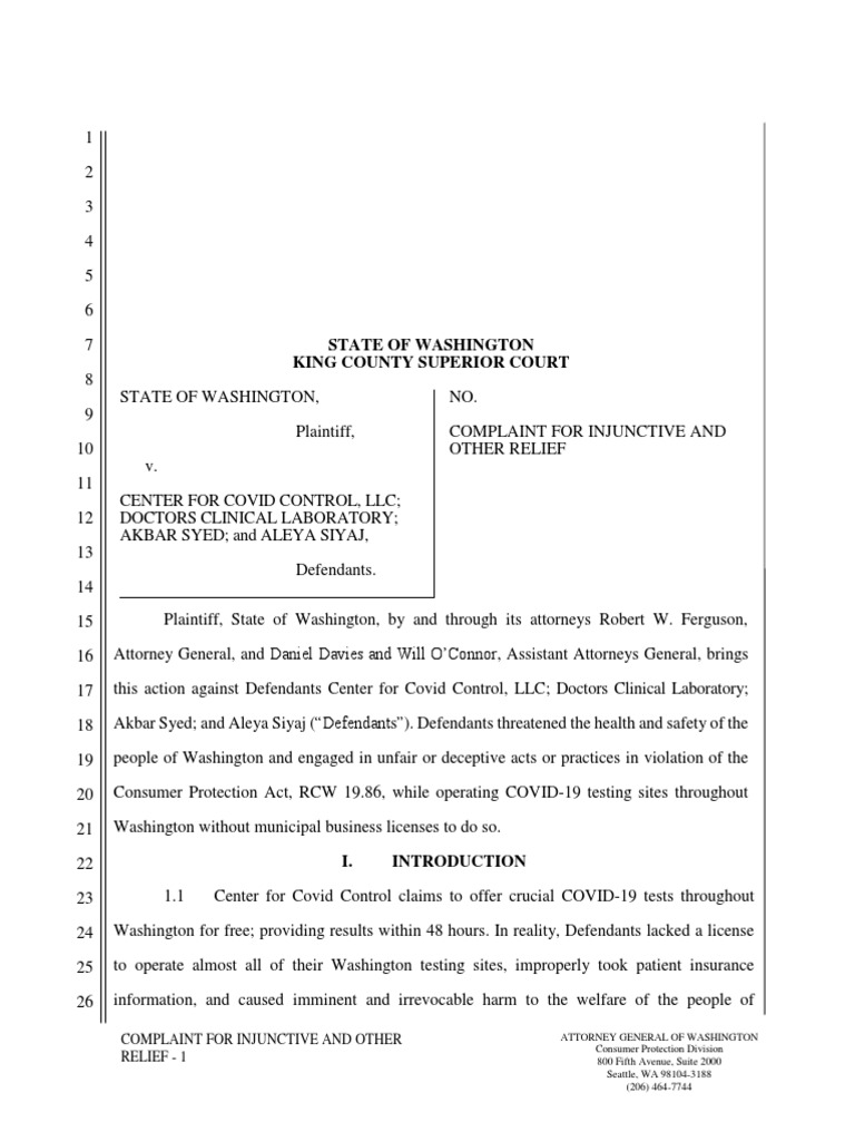 Washington State Attorney General Lawsuit PDF Infection Health