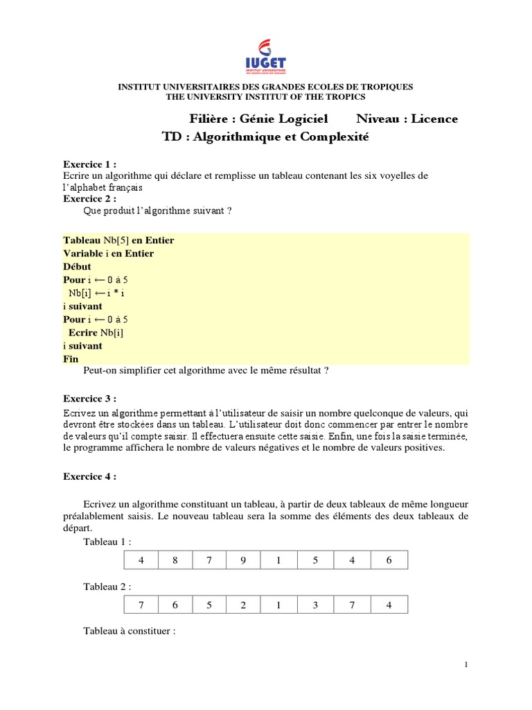 Exercices d'Algorithmique en Génie Logiciel | PDF | Programmation ...