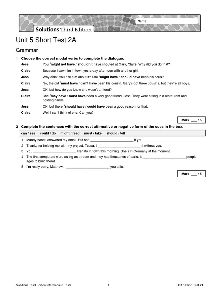 Unit 5 Short Test 2A Solutions | PDF | Linguistics