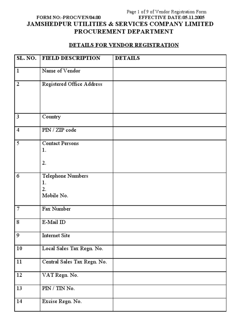 Tata Steel Vendor Registration Form | PDF