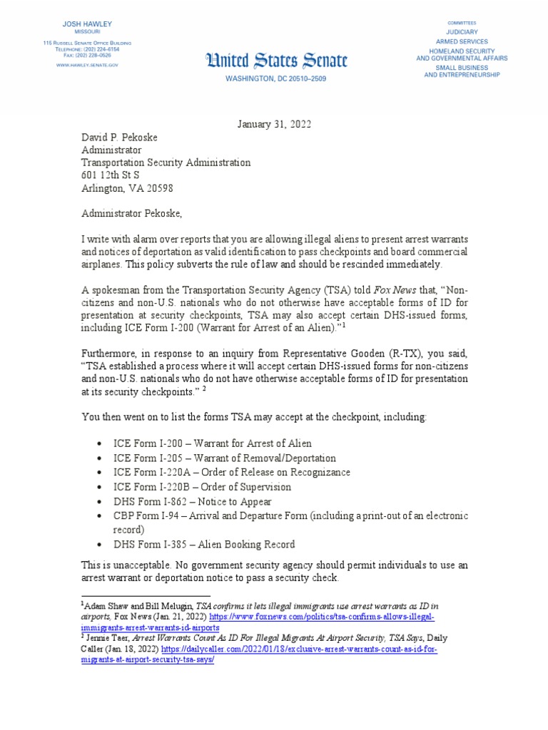 2022-01-31 Hawley Letter To TSA CBP DHS | PDF | Transportation Security  Administration | U.S. Immigration And Customs Enforcement