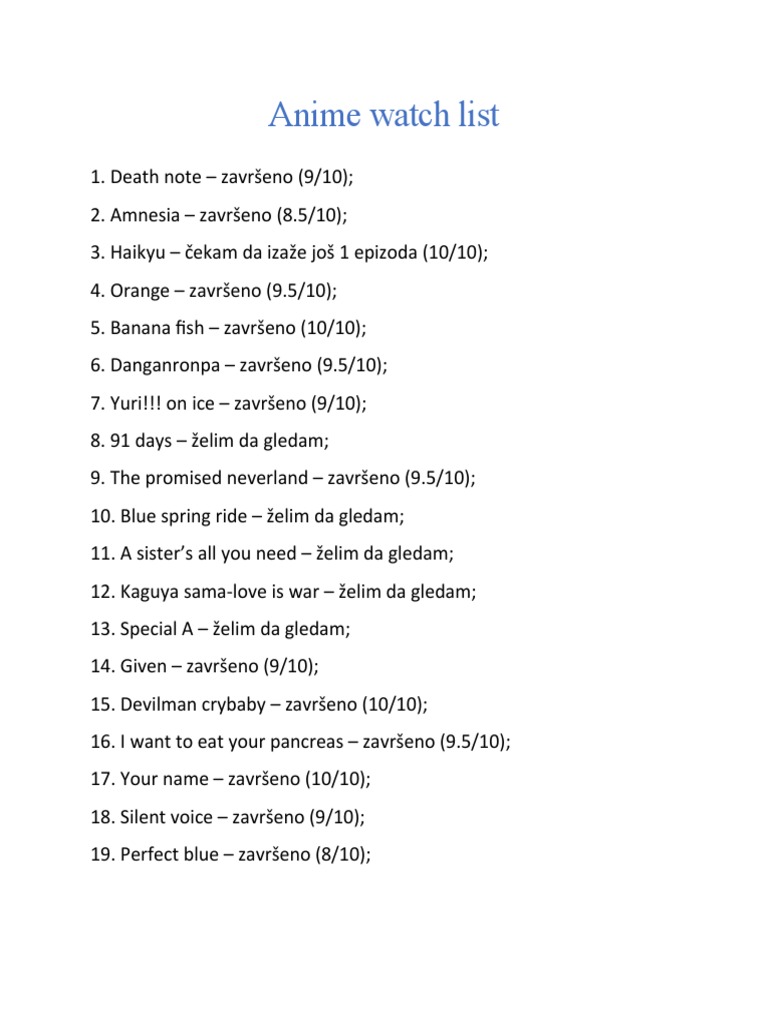 Anime Watch List PDF