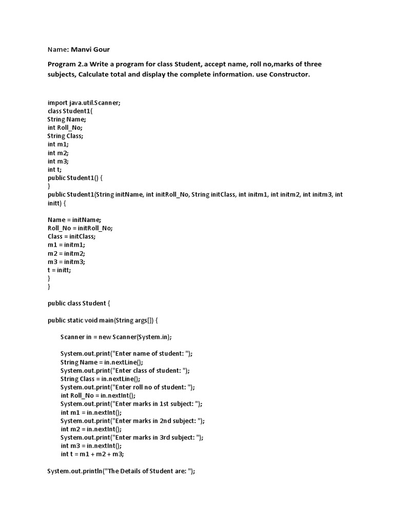 Program 2.a Write A Program For Class Student, Accept Name, Roll No ...