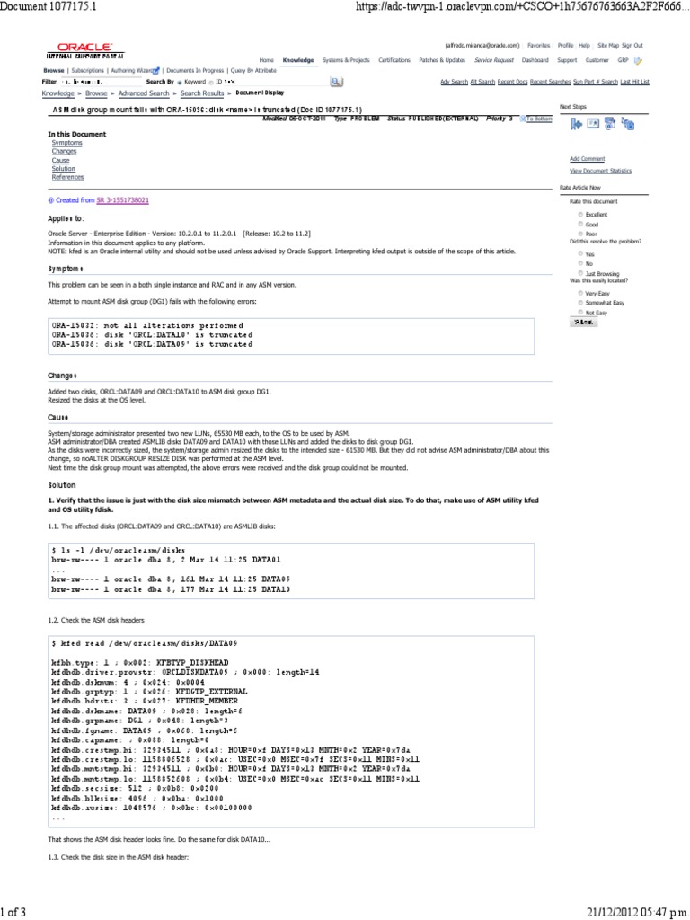 ASM Disk Group Mount Fails With ORA15036 Disk Name Is Truncated Doc ID