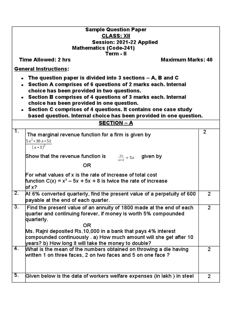 Class XII Applied Mathematics Sample Paper | PDF | Present Value ...