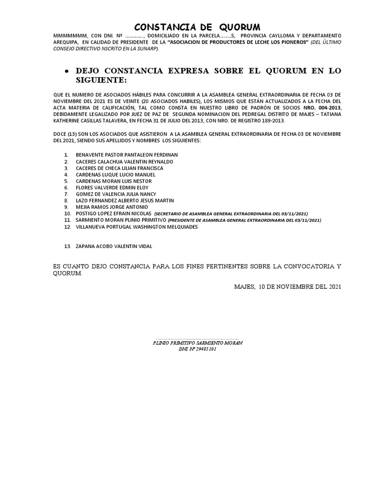 Constancia de Quorum en Asamblea 2021 | PDF