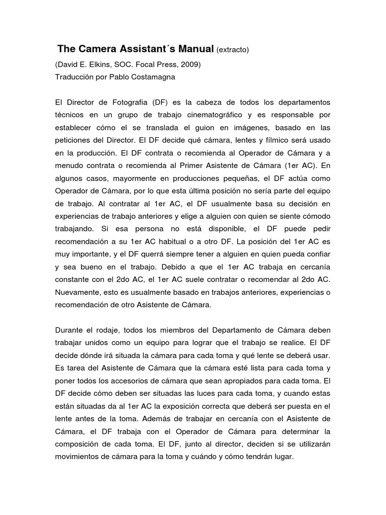Roles The Camera Assistants Manual Descargar gratis PDF Cámara Imagen