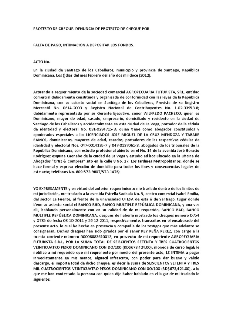 Protesto de Cheque en RD: Ejemplo Legal | PDF | República Dominicana ...