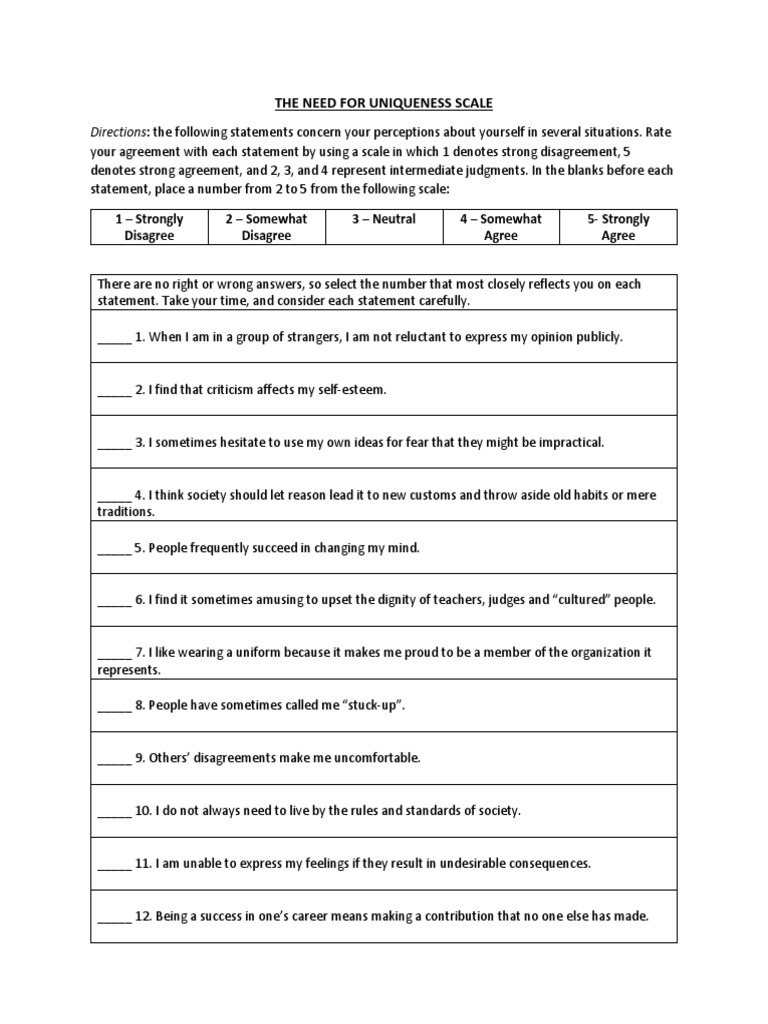 The Need For Uniqueness Scale PDF Cognitive Science Social Psychology