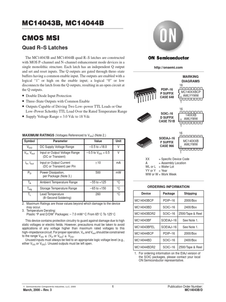 MC14043B, MC14044B Cmos Msi Quad RS Latches PDF Electronic