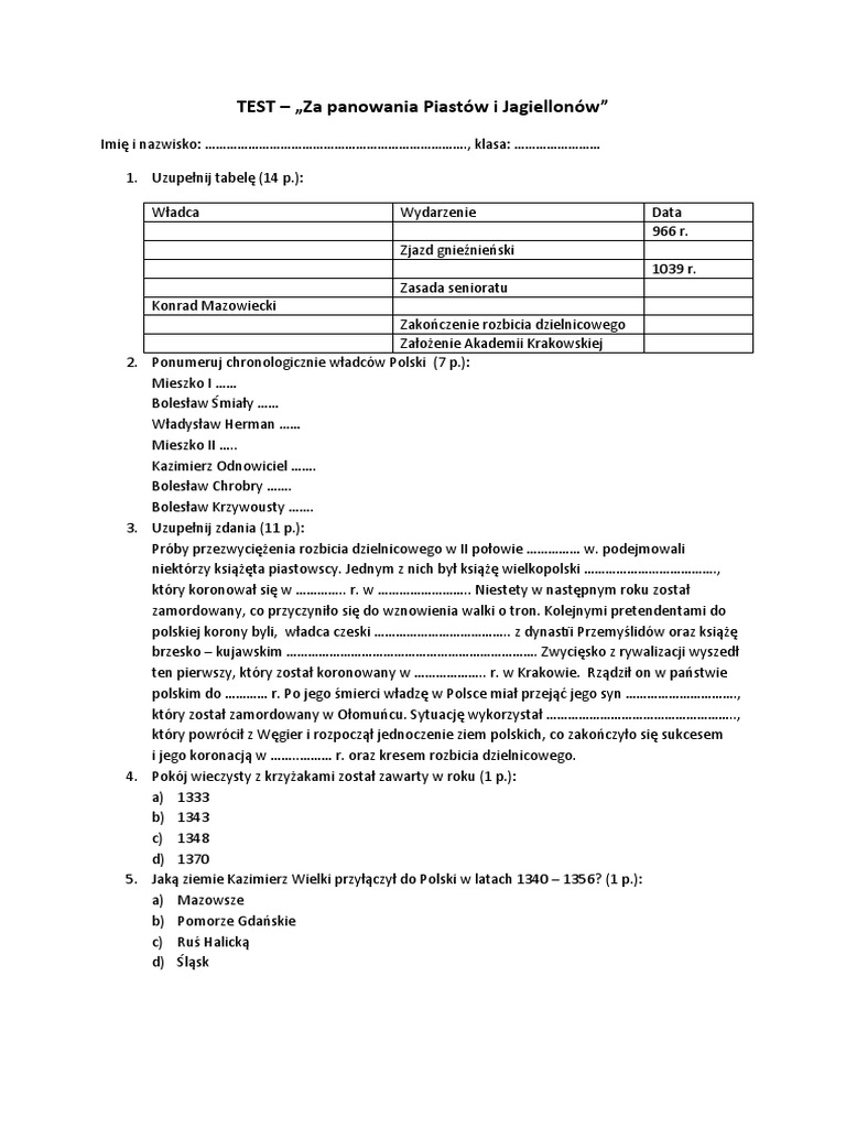 Za Panowania Piastow I Jagiellonow Test Podsumowujacy Rozdzial 2
